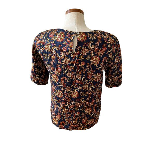 Vintage 80s Anne Klein Silk print short sleeve top Navy Blue 4 - Picture 4 of 6